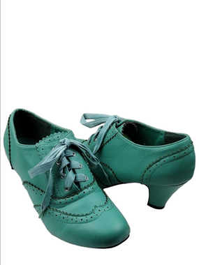 Machi Coca-01 Teal Leather Lace Up Scalloped Upper Heeled 1930 Style Oxford Shoe